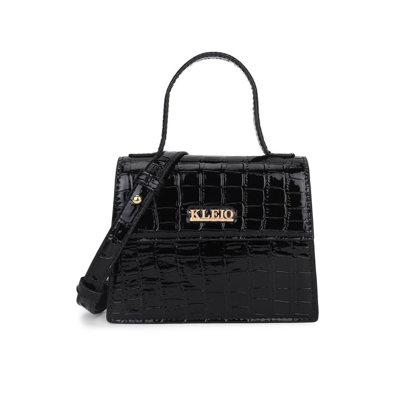 KLEIO PU Leather Top Handle Mini Handbag with Detachable Sling - Black - Image 1